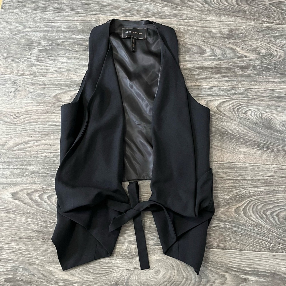 BCBGMAXAZRIA Front Tie Draped Vest Black Sz S Sculptural Career Preppy